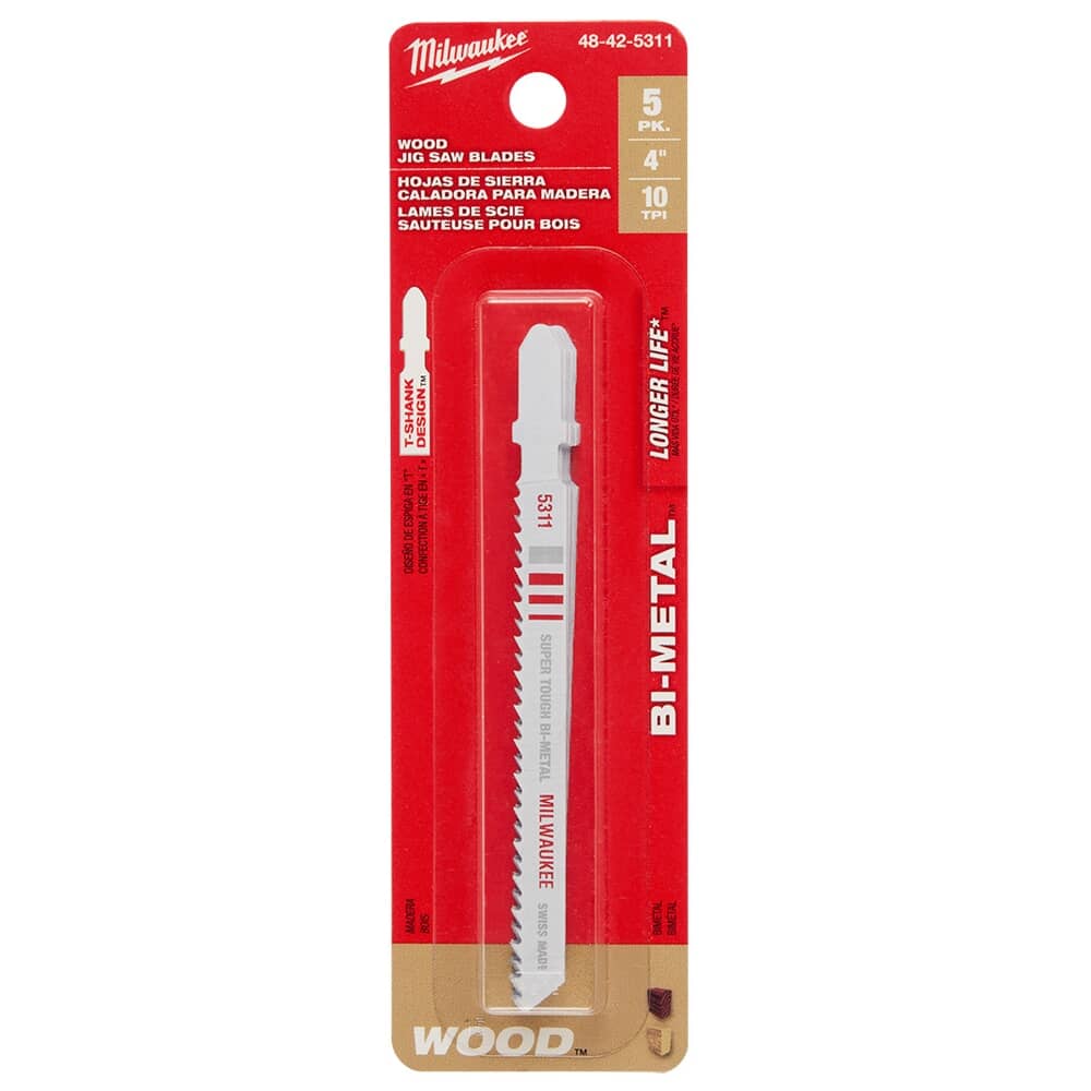 4" 10 Tooth T-Shank Bi-Metal Jigsaw Blades for Wood Cutting - 5 Pack
