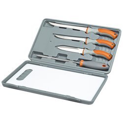 Maxam WFFHSET Wild Fish 6-Piece Set 7.5" Fillet Knife, 6" Fillet Knife 5" Utility Knife, Cutting Board, Sharpening Rod Tool, Case