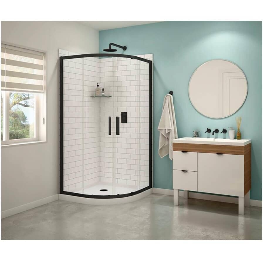 38" x 38" x 77.63" Kassia Neo-Round Shower Door & Base - White + Clear Glass & Matte Black Trim