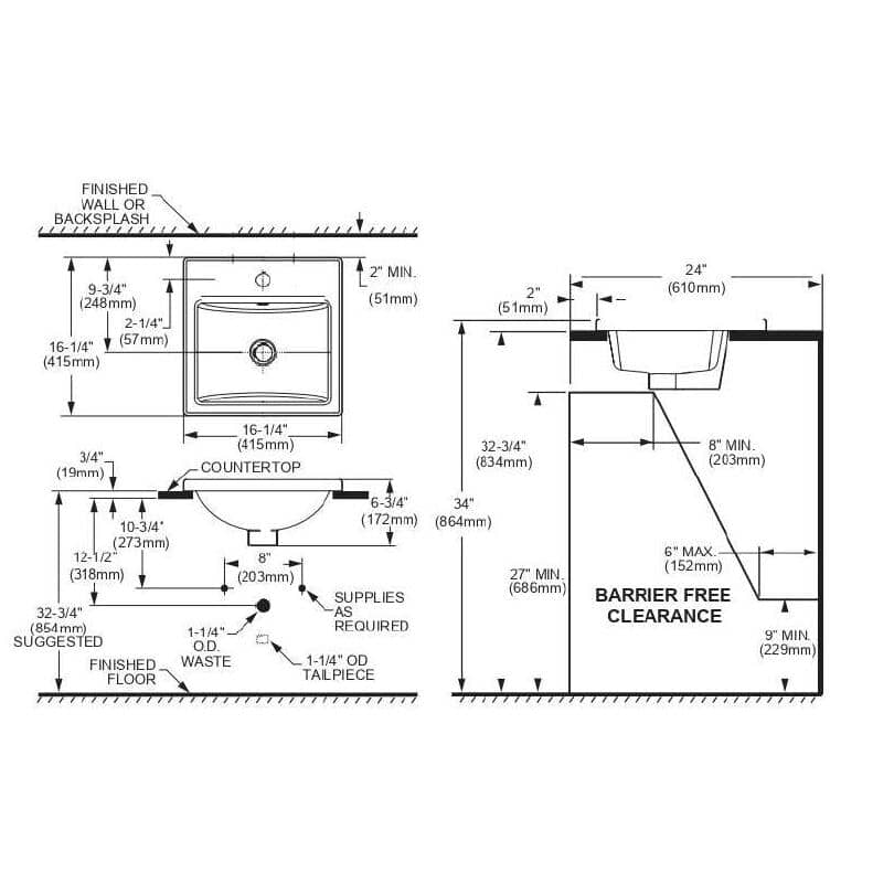 16.38" x 16.38" Marquette Square Drop-In Basin - White