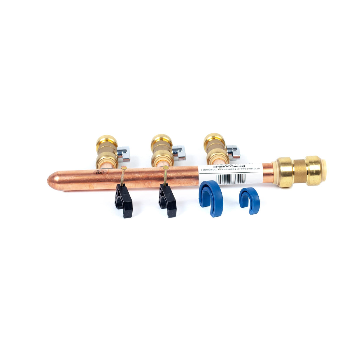 3/4" Push Fit Inlet x 1/2" Push Fit Push 'N' Connect 3 Branch Closed End Manifold with Valves