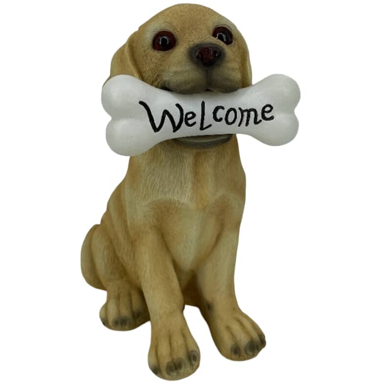 Dog with Welcome Bone Solar Garden Statue - 10"