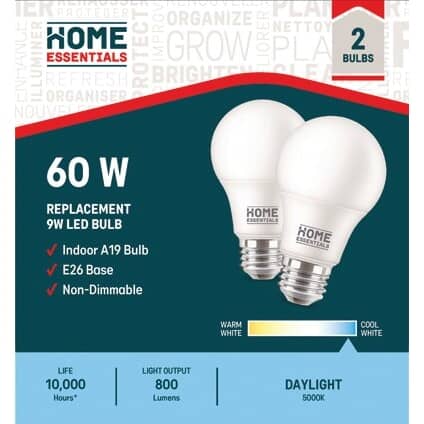 9W A19 Medium Base Daylight Non-Dimmable LED Light Bulbs - 2 Pack