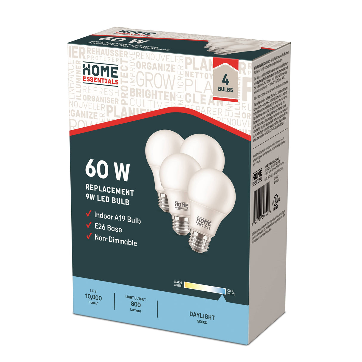 9W A19 Medium Base Daylight Non-Dimmable LED Light Bulbs - 4 Pack