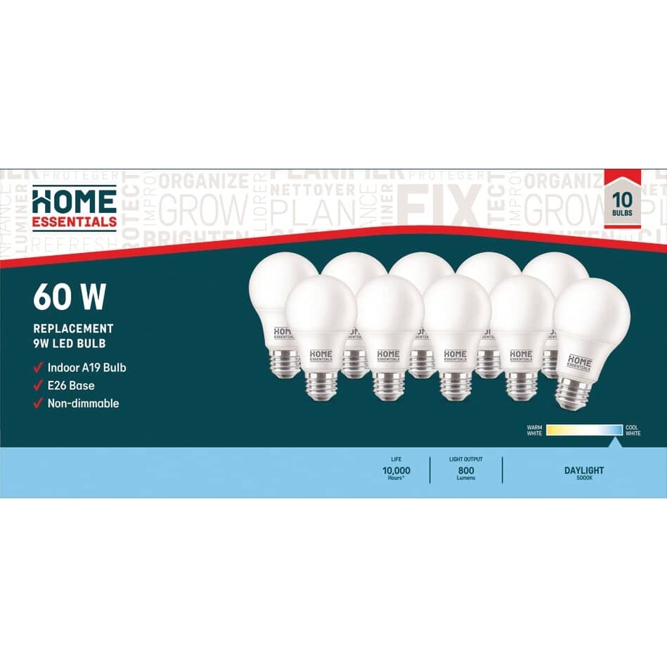 9W A19 Medium Base Daylight Non-Dimmable LED Light Bulbs - 10 Pack