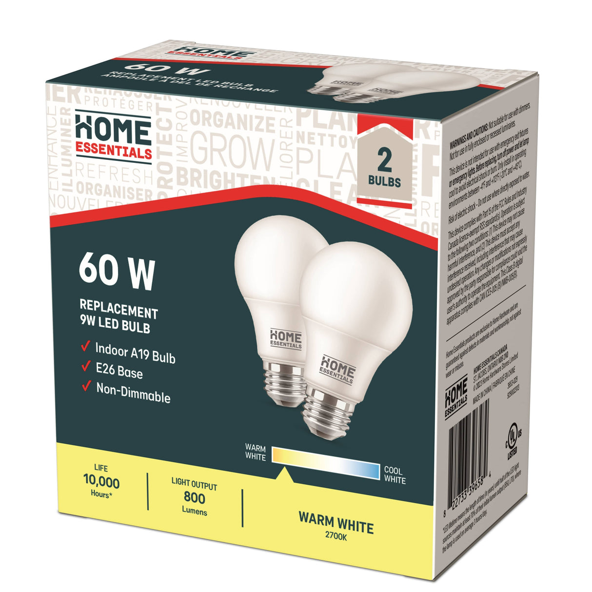 9W A19 Medium Base Soft White Non-Dimmable LED Light Bulbs - 2 Pack