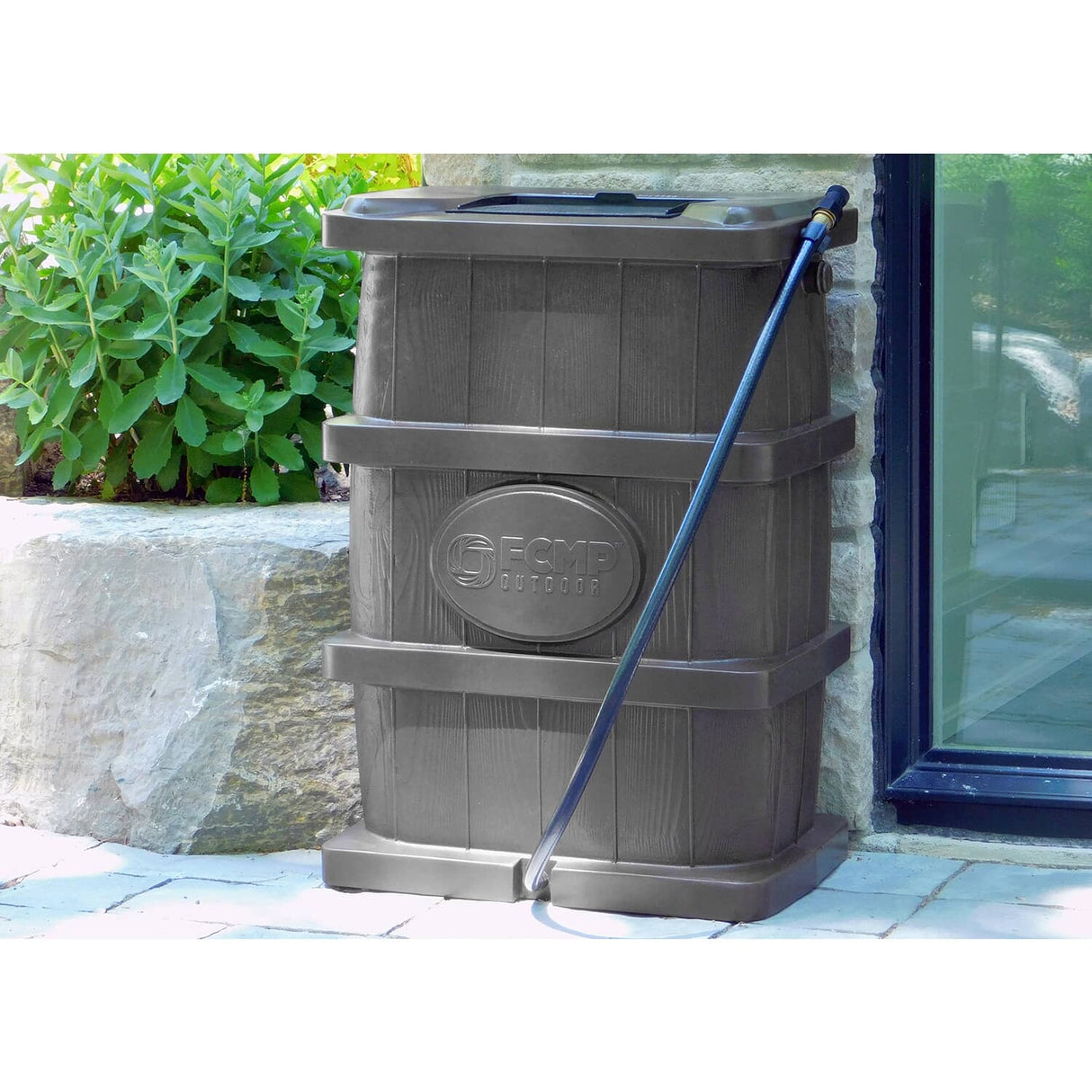 45Gal Charcoal Grey Wood Grain Flat Back Rain Barrel