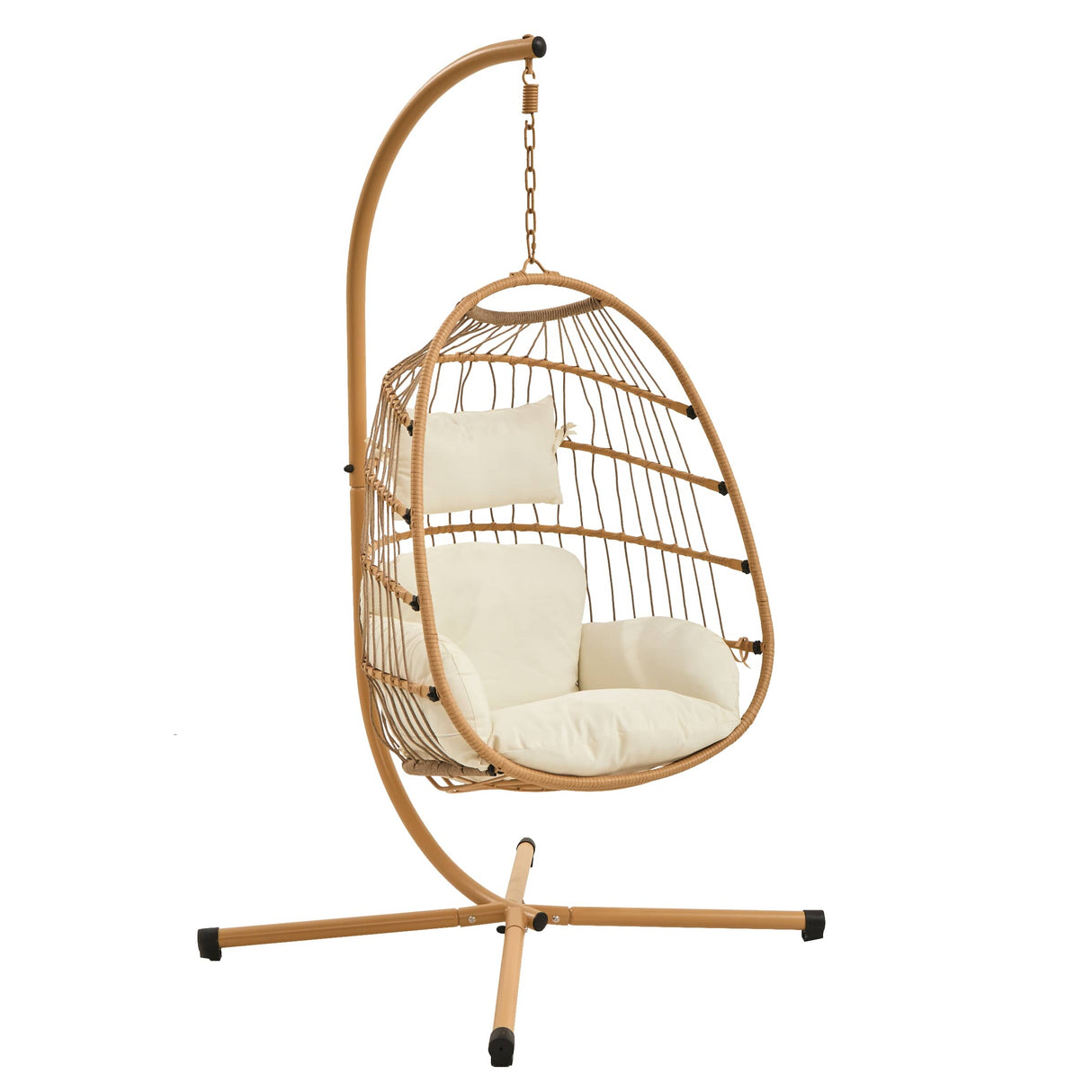 Resin Wicker Hanging Egg Chair with Stand and Cushions - Beige
