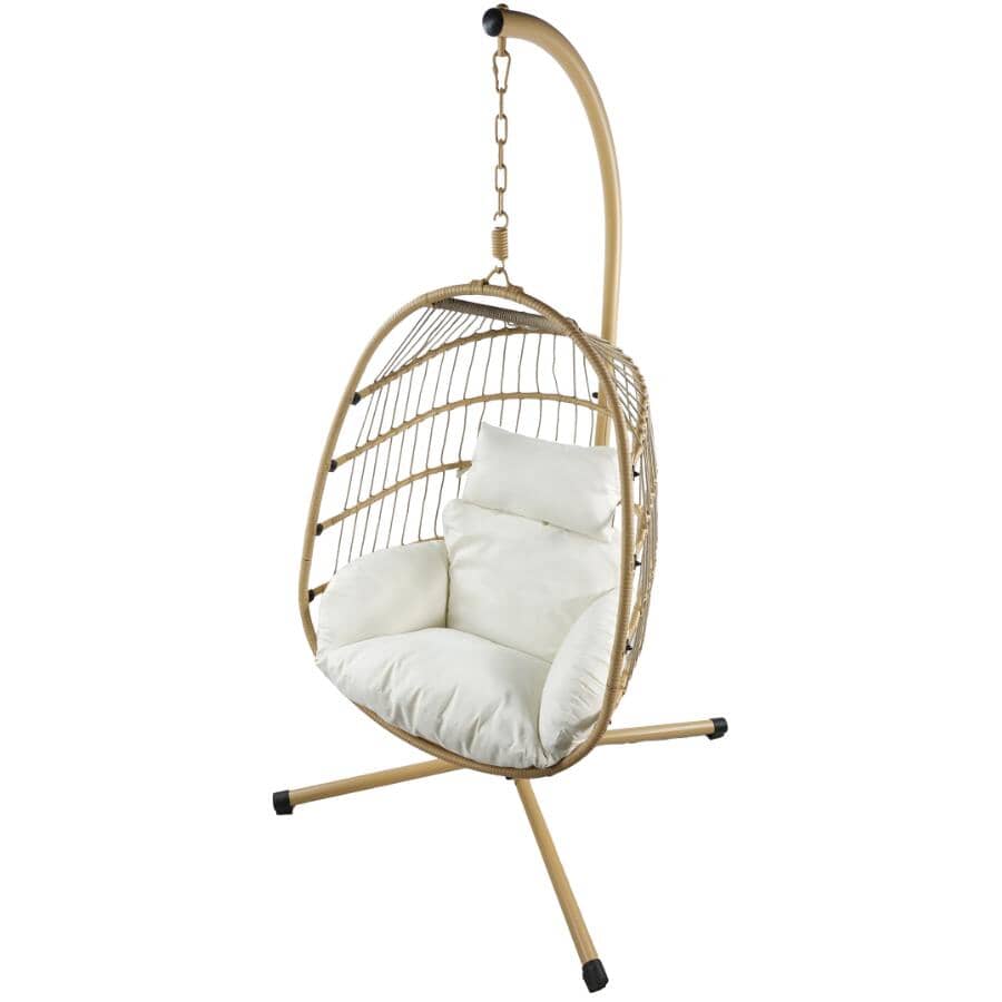 Resin Wicker Hanging Egg Chair with Stand and Cushions - Beige