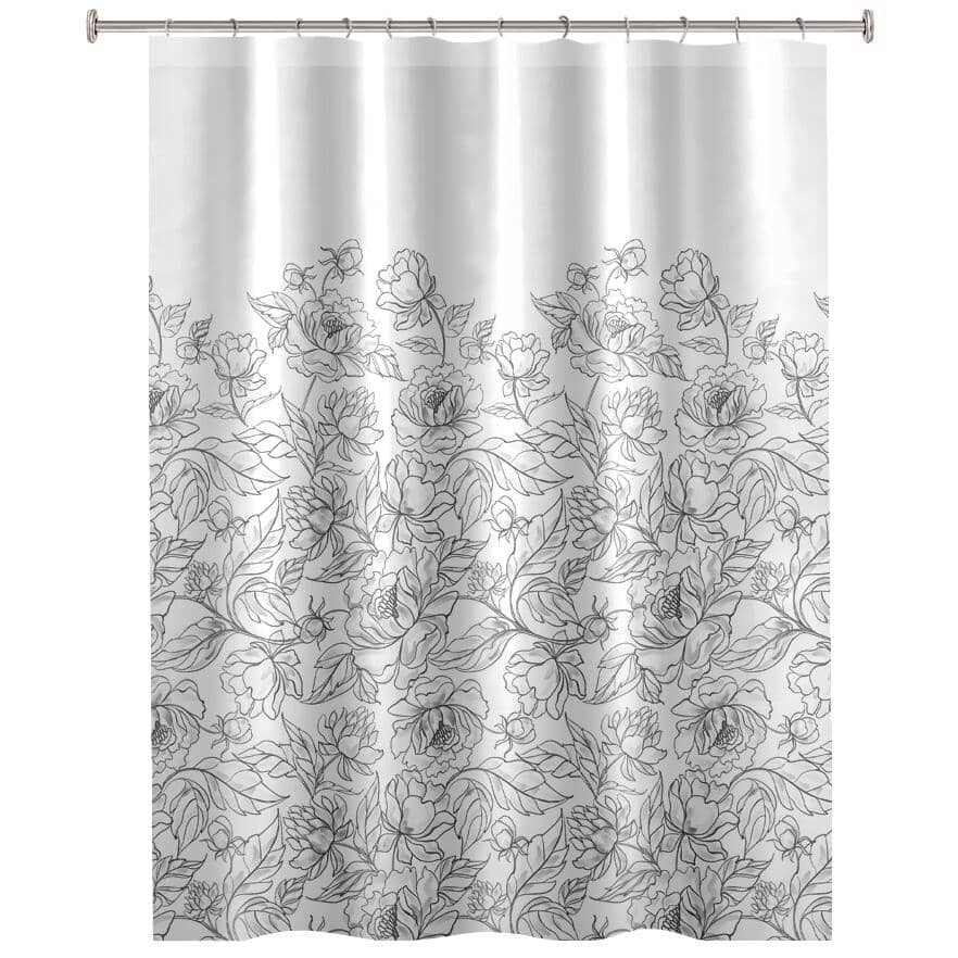 Gloria Floral Polyester Shower Curtain - Black & White, 70" x 72"