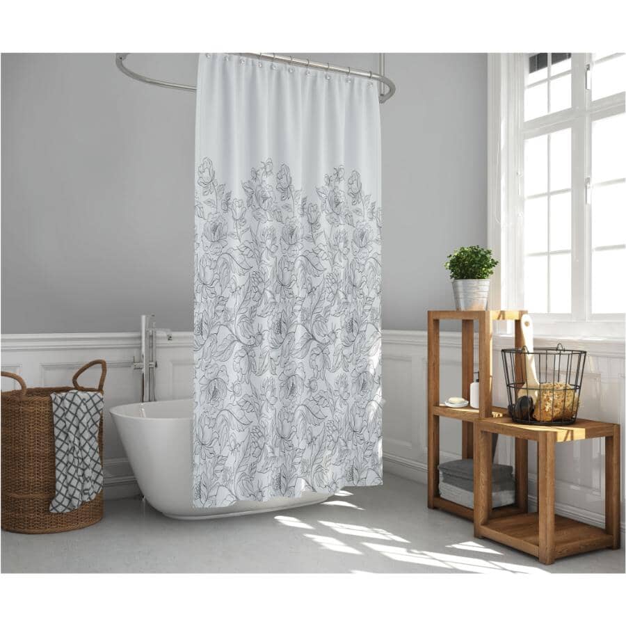 Gloria Floral Polyester Shower Curtain - Black & White, 70" x 72"