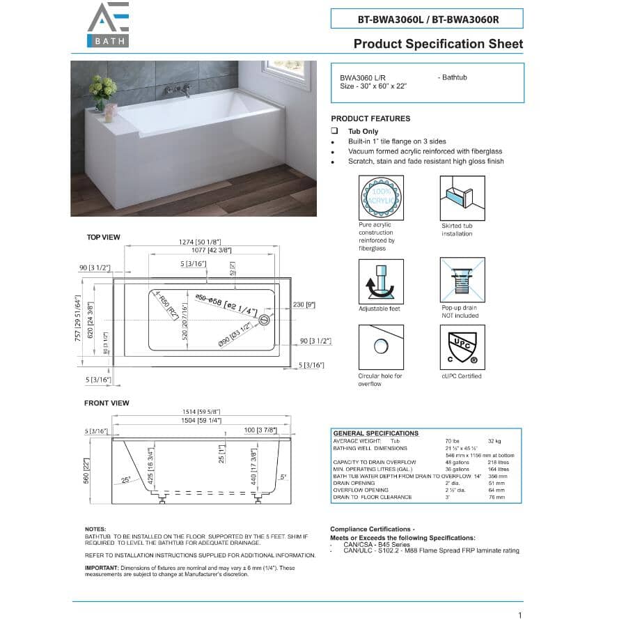 60" x 30" Ralph Acrylic Skirted Tub - with Left Hand Drain, White