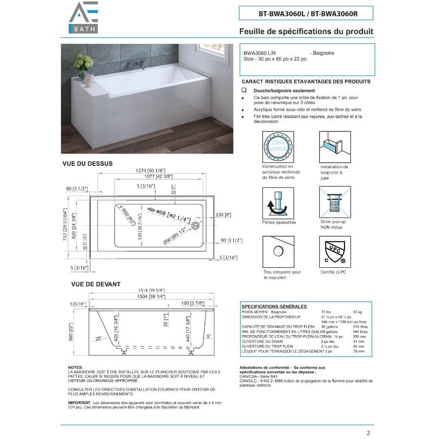 60" x 30" Ralph Acrylic Skirted Tub - with Left Hand Drain, White