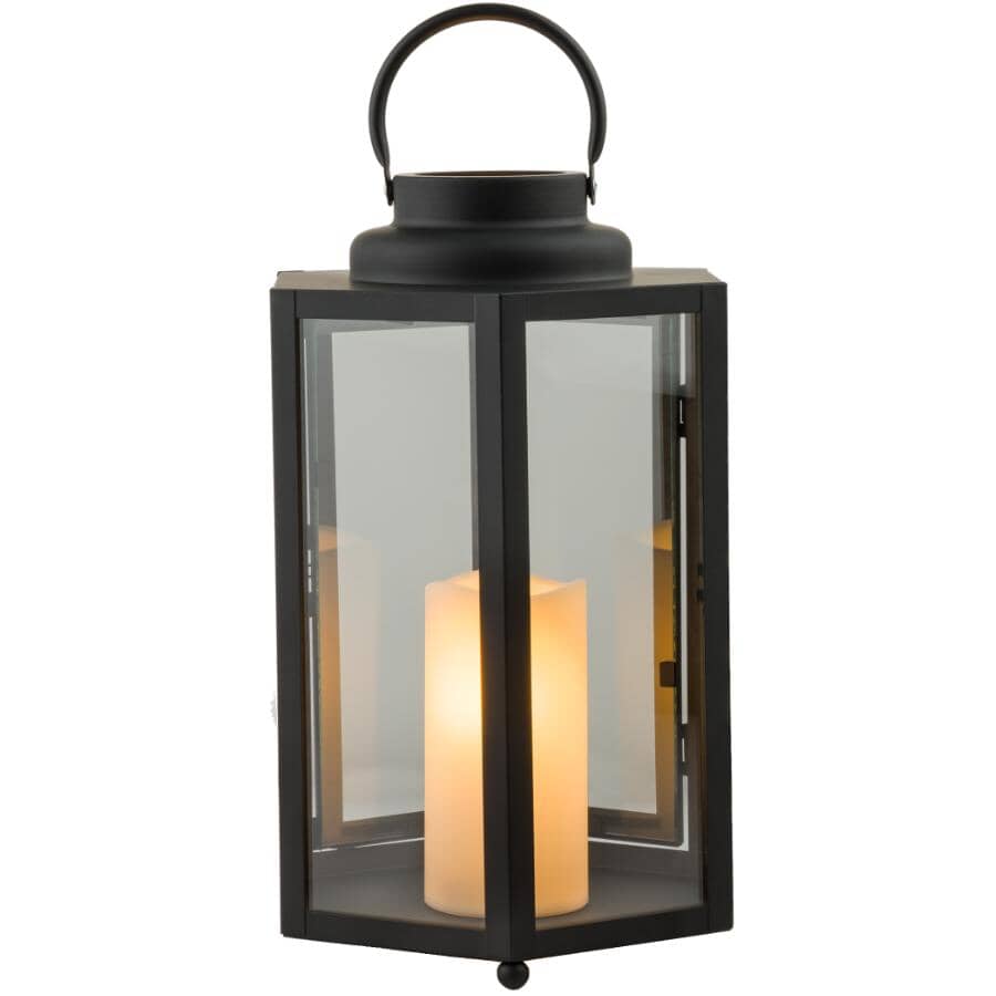 14" Black Hexagonal Candlelit Lantern - with Battery Operated LED Candle