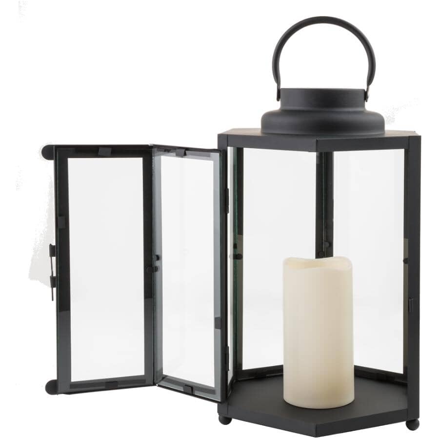 14" Black Hexagonal Candlelit Lantern - with Battery Operated LED Candle