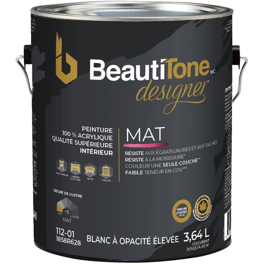 Interior Acrylic Latex Flat Paint & Primer - High Hide White, 3.64 L