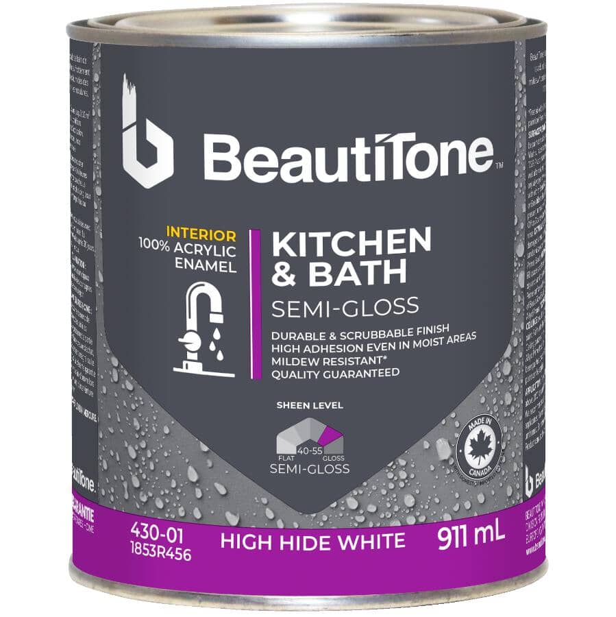 Interior Acrylic Latex Semi Gloss Kitchen & Bath Paint - High Hide White, 911 ml