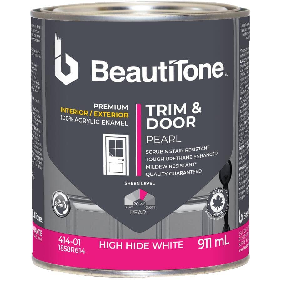 Interior / Exterior Acrylic Latex Pearl Trim & Door Paint - High Hide White, 911 ml