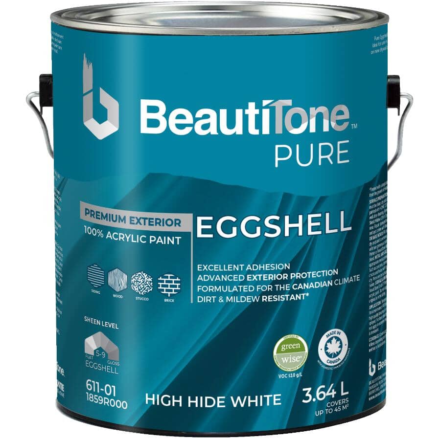 100% Acrylic Premium Exterior Eggshell Paint - High Hide White, 3.64 L