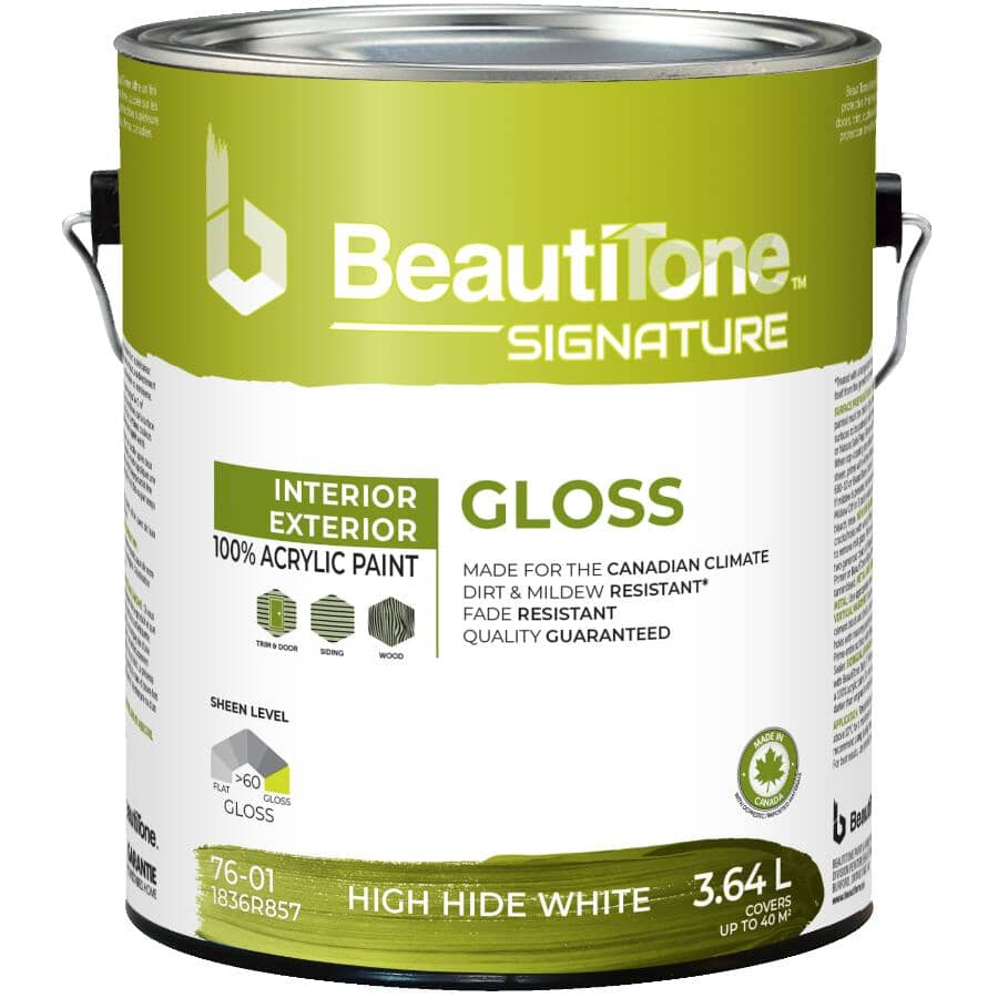 Interior / Exterior Acrylic Latex Gloss Paint - High Hide White, 3.64 L