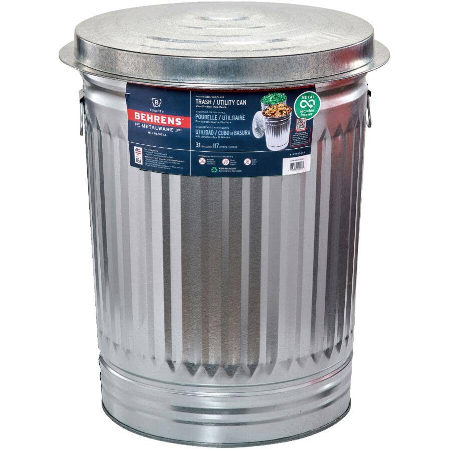 Galvanized Garbage Can - with Lid, 117 L