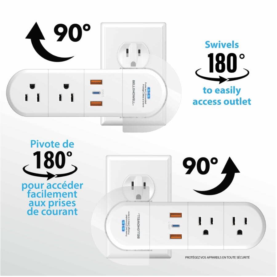 Swivel Power with 6 Outlets - 2 USB & 1 C Charging Ports, White