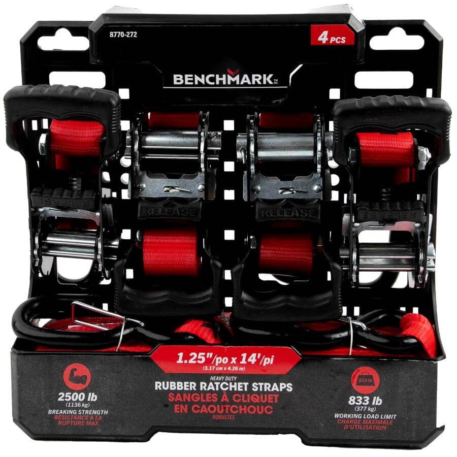 2500 lb Rubber Ratchet Straps - 1.25" x 14', 4 Pack