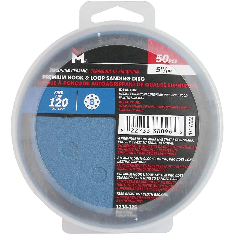 5" 120 Grit Zirconium Ceramic Hook & Loop Sanding Discs, with 8 Vacuum Holes - 50 Pack