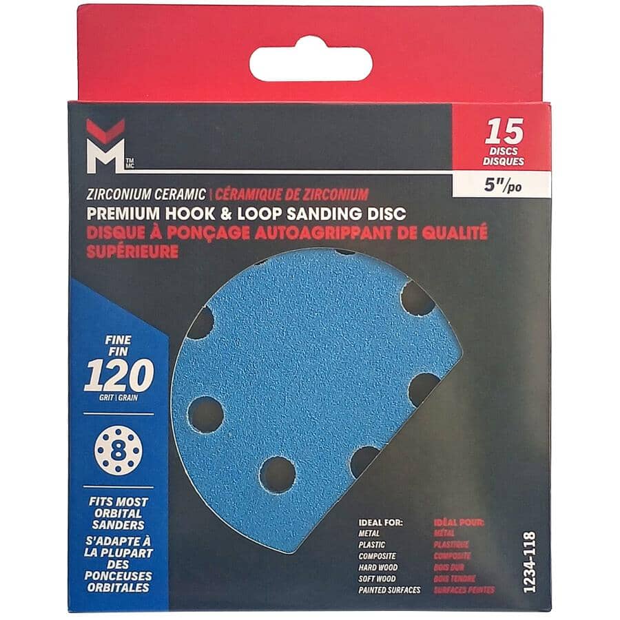 5" 120 Grit Zirconium Ceramic Hook & Loop Sanding Discs, with 8 Vacuum Holes - 15 Pack