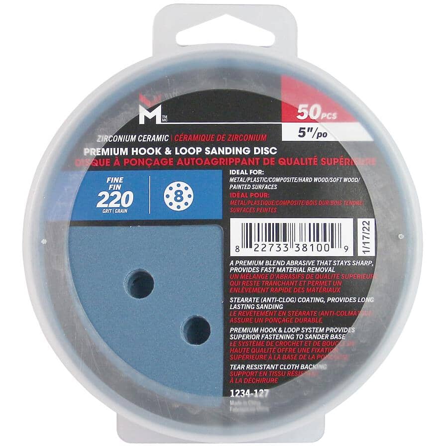 5" 220 Grit Zirconium Ceramic Hook & Loop Sanding Discs, with 8 Vacuum Holes - 50 Pack