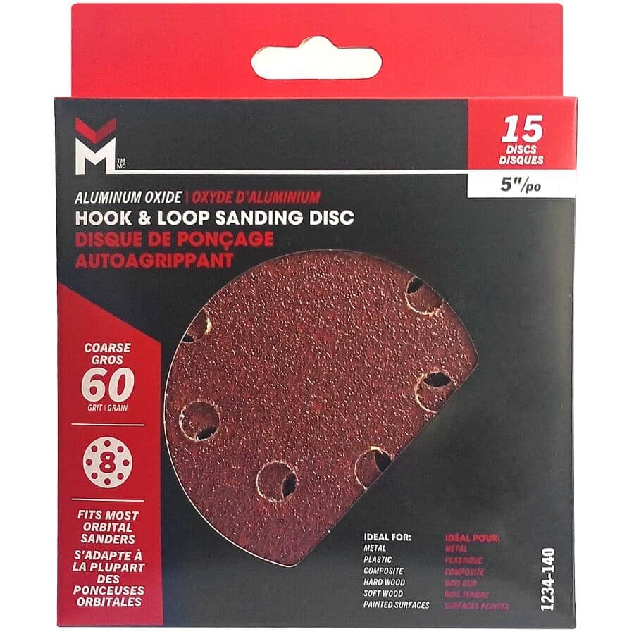 5" 60 Grit Aluminum Oxide Hook and Loop Sanding Discs, with 8 Vacuum Holes - 15 Pack
