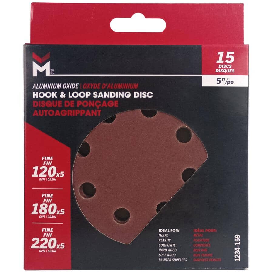 5" Grit Aluminum Oxide Hook and Loop Sanding Discs with 8 Vacuum Holes, Assorted Grits - 15 Pack