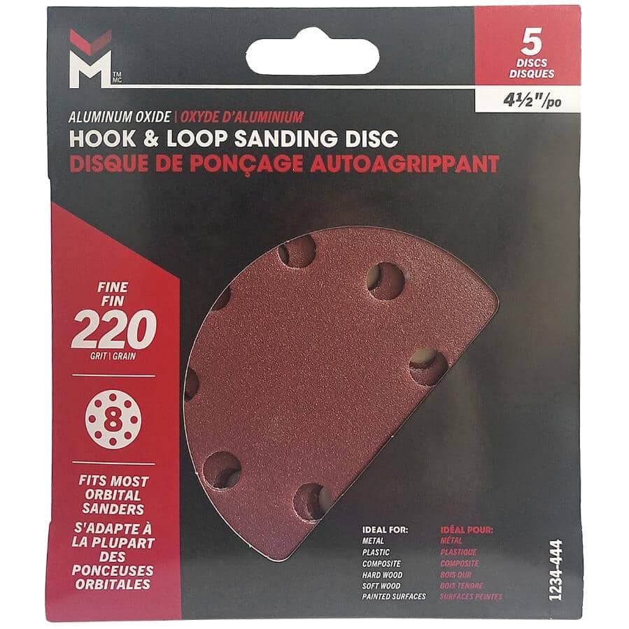 5 Pack 4.5" 220 Grit Aluminum Oxide Hook and Loop Sanding Discs, with 8 Vacuum Holes