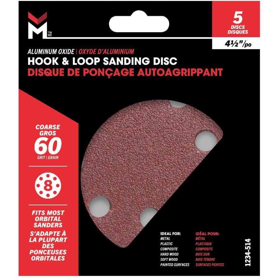 5 Pack 4.5" 60 Grit Aluminum Oxide Hook and Loop Sanding Discs, with 8 Vacuum Holes