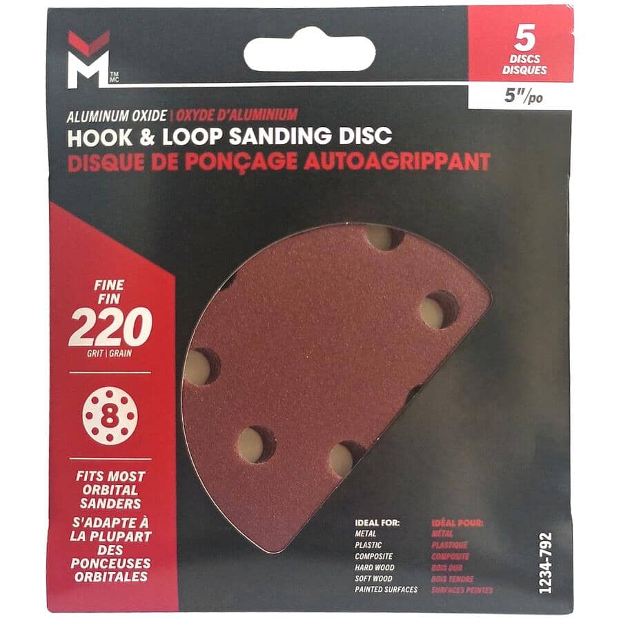 5 Pack 5" 220 Grit Aluminum Oxide Hook and Loop Sanding Discs, with 8 Vacuum Holes