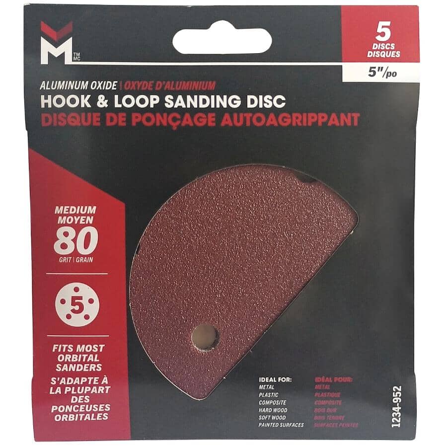 5 Pack 5" 80 Grit Aluminum Oxide Hook and Loop Sanding Discs, with 5 Vacuum Holes
