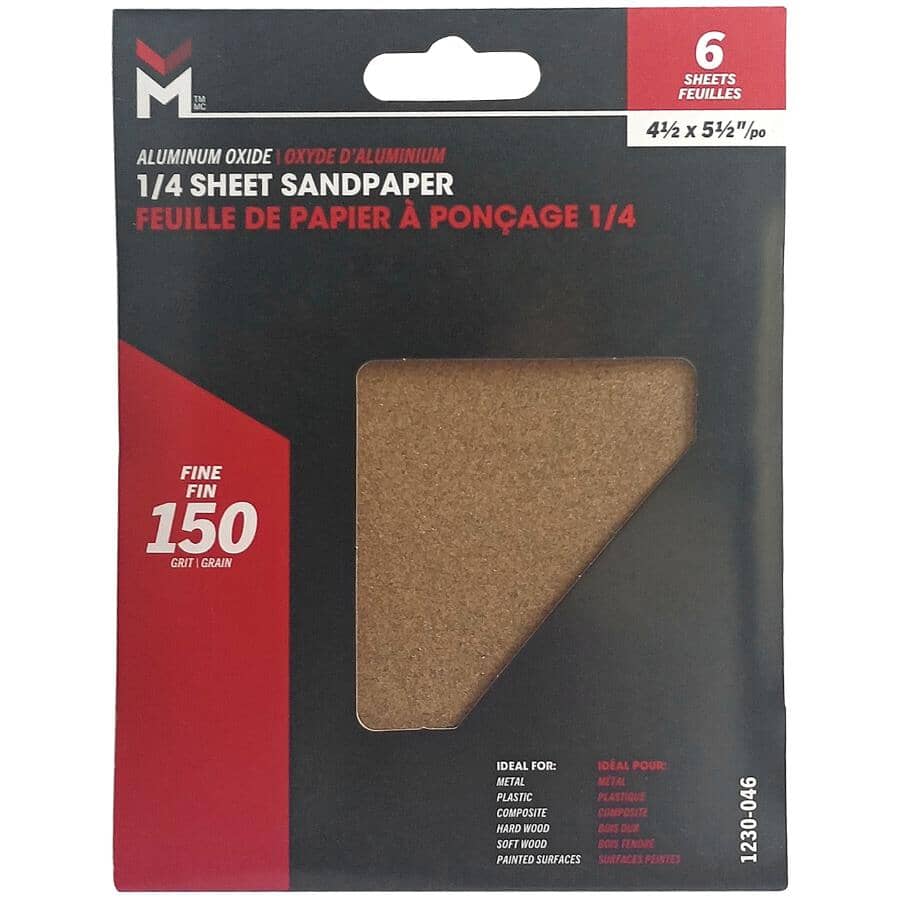 6 Pack 150 Grit 1/4 Sheet Aluminum Oxide Sandpaper