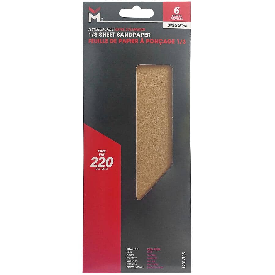 6 Pack 9" x 11" 1/3 Sheet 220 Grit Aluminum Oxide Sandpaper