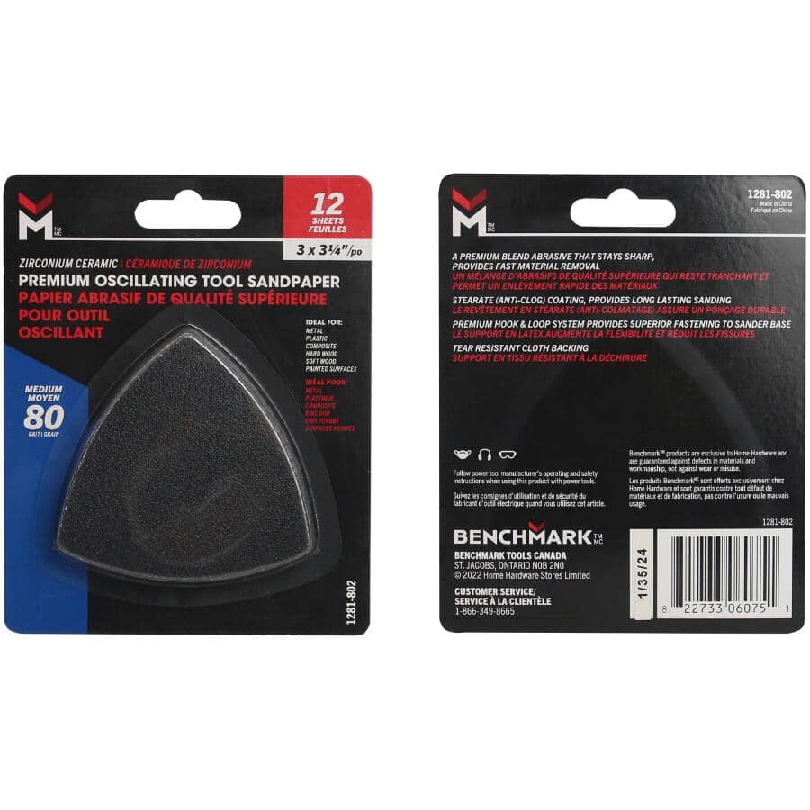 80 Grit 3-1/4" Triangle Sandpaper - 12 Pack