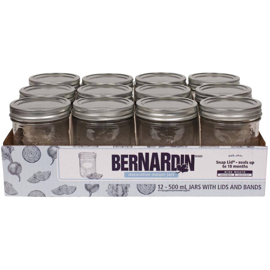Wide Mason Jars with Lids - 500 ml, 12 Pack
