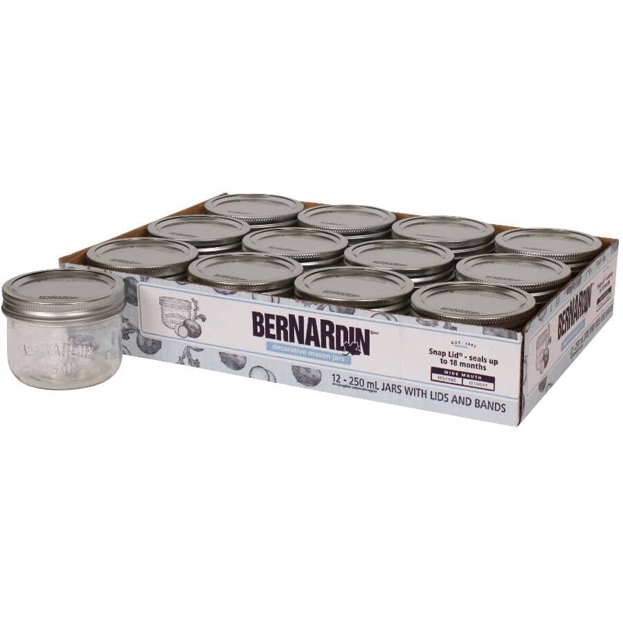 Wide Mason Jars with Lids - 250 ml, 12 Pack