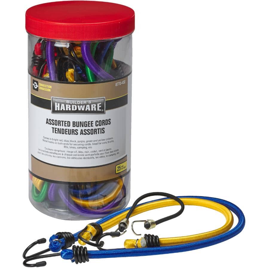 Bungee Cords - Assorted Sizes + Colours, 25 Pieces