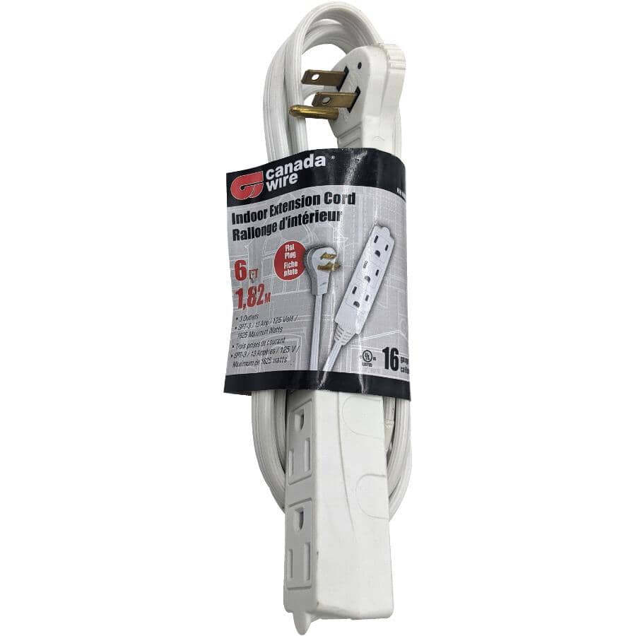 3 Outlet Angled Plug Indoor Extension Cord - White, 1.8 m