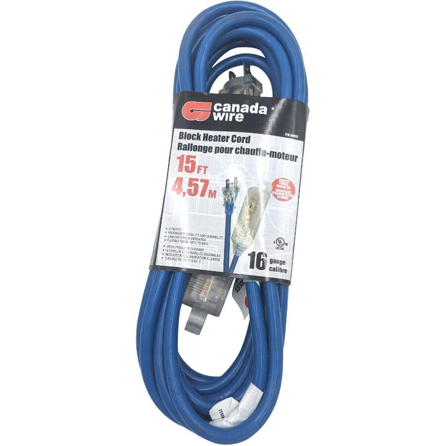 3 Outlet Block Heater Extension Cord - Blue, 4.6 m
