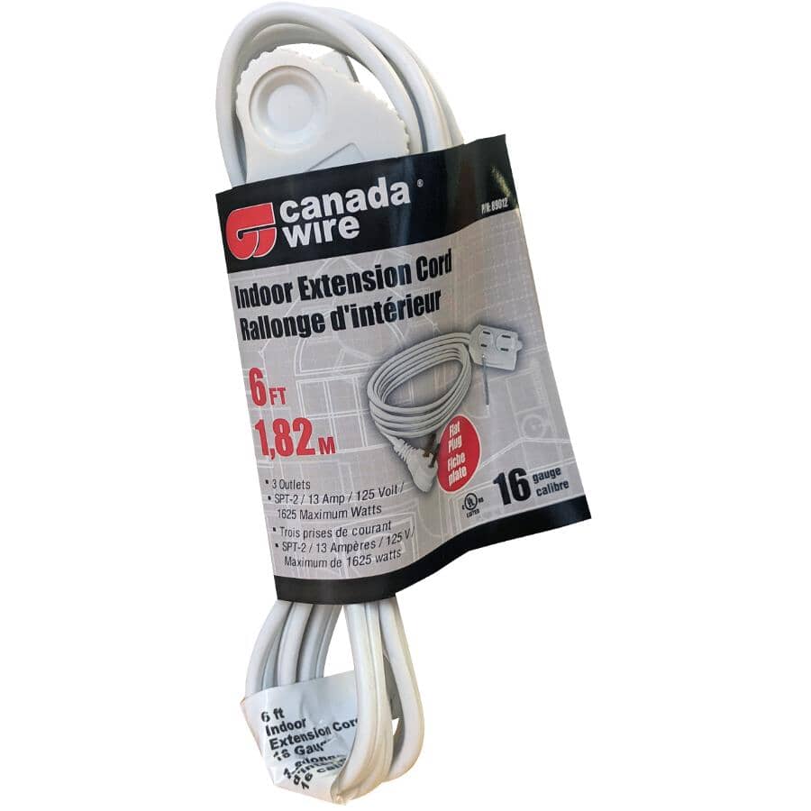 3 Outlet Flat Plug Indoor Extension Cord - White, 1.8 m
