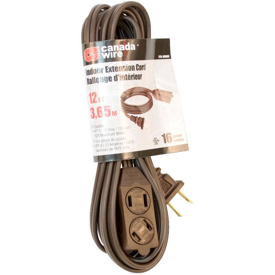 3 Outlet Indoor Extension Cord - Brown, 3.6 m
