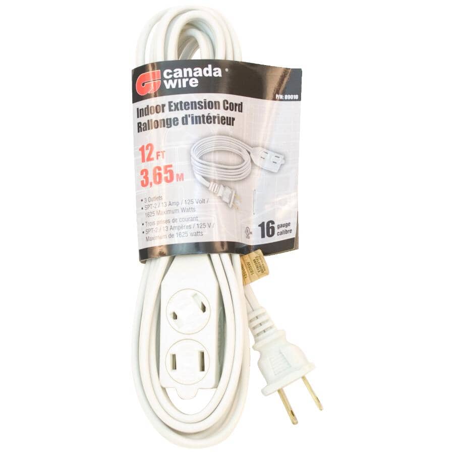3 Outlet Indoor Extension Cord - White, 3.6 m