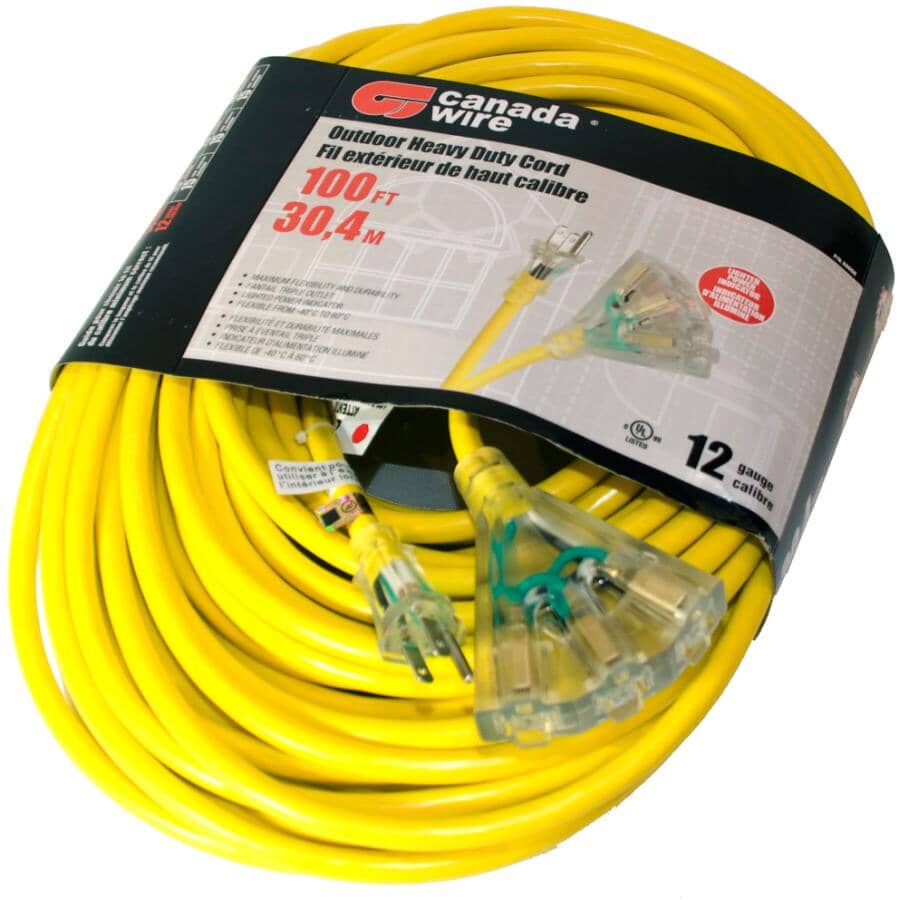SJTW Yellow Outdoor Lighted Extension Cord - 3 Outlets, 30 m
