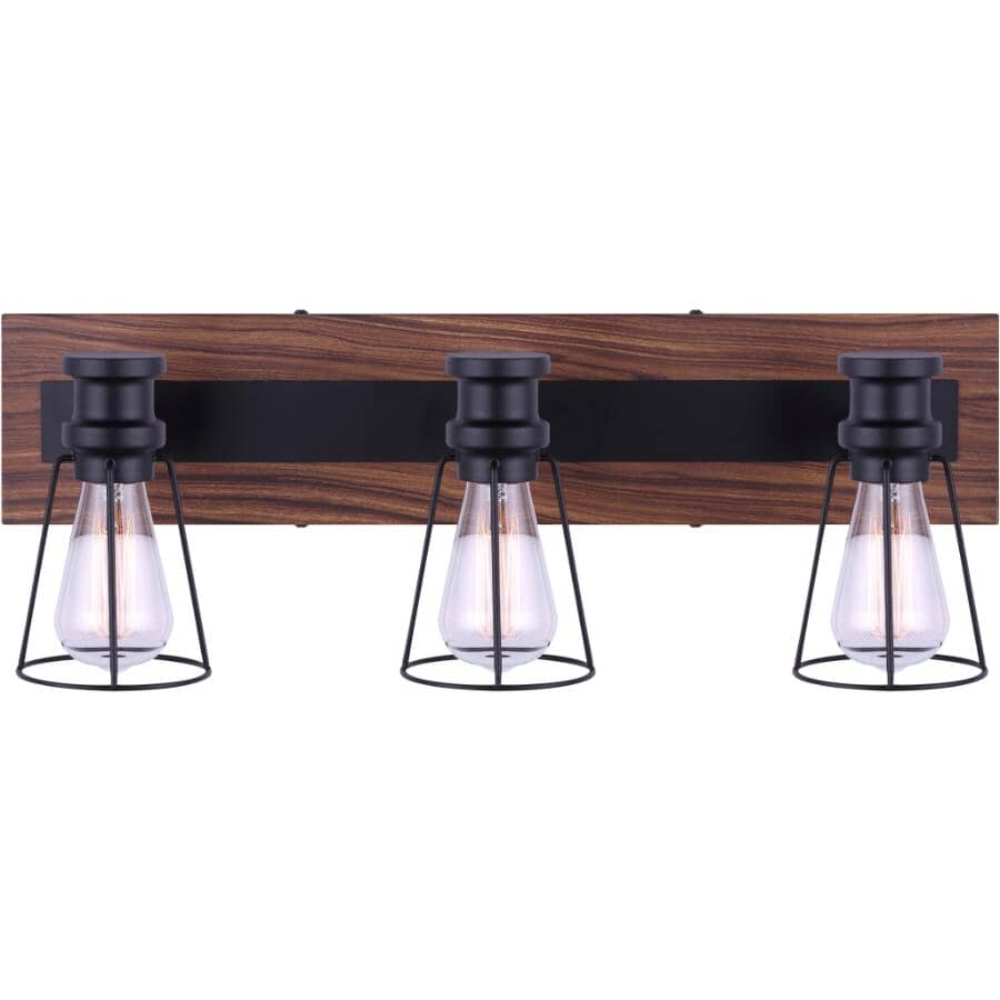 Blake 3 Light Vanity Light Fixture - Matte Black & Faux Wood