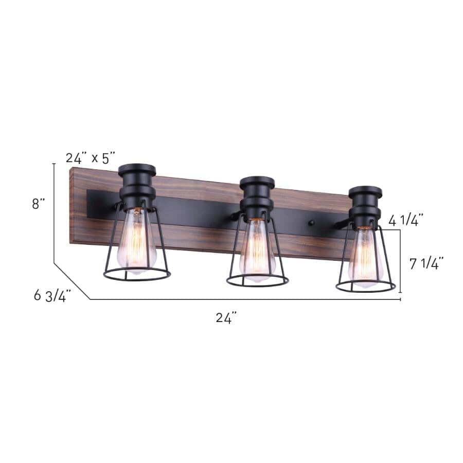 Blake 3 Light Vanity Light Fixture - Matte Black & Faux Wood